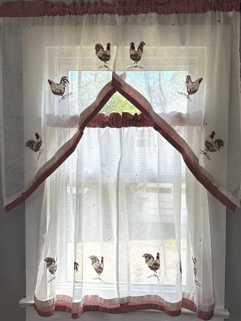 Rooster Cafe Curtain Set Farmhouse Kitchen Sheer Panel w Valance